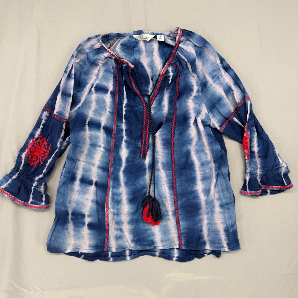 Caffe Marrakesh Blue‎ Tie Dye Embroidered Cotton Peasant Blouse Tassels Medium